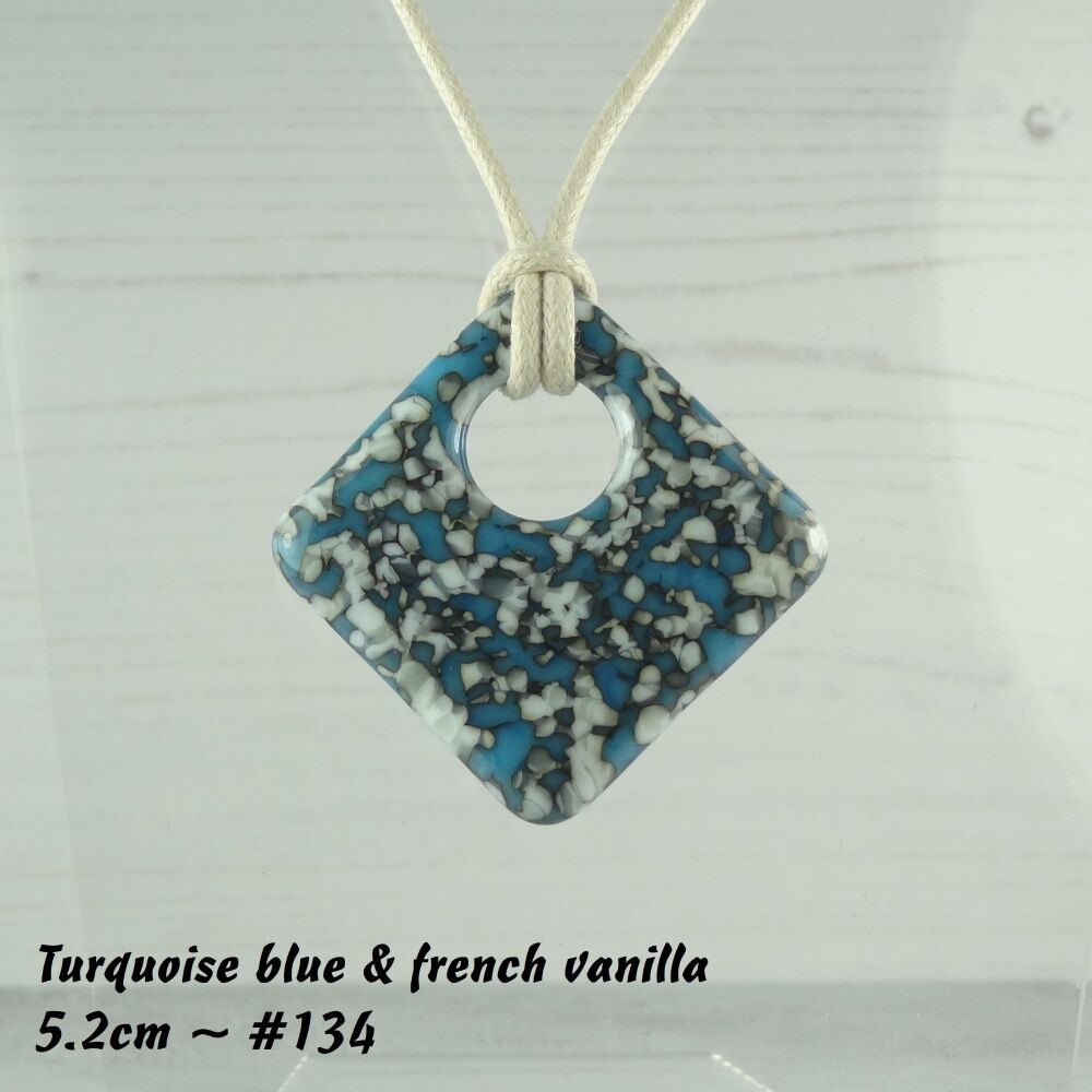 Handcrafted turquoise blue & french vanilla fused glass rhombus/diamond shaped pendant on a waxed cotton cord with lobster clasp (#137)