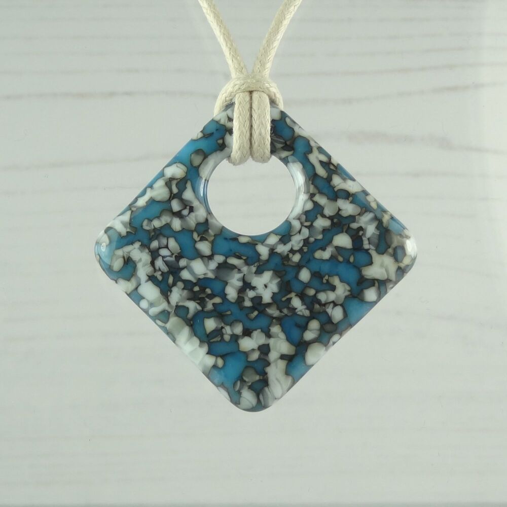 Handcrafted turquoise blue & french vanilla fused glass rhombus/diamond shaped pendant on a waxed cotton cord with lobster clasp (#137)