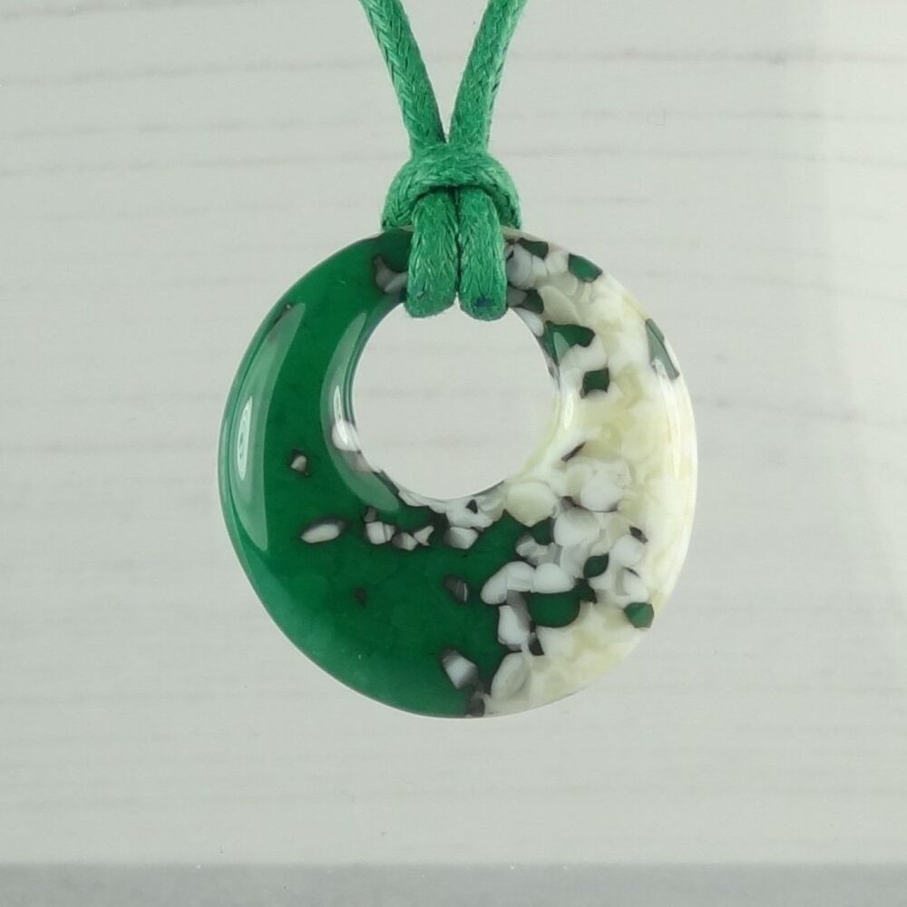 Handcrafted jade green & french vanilla fused glass off-set round pendant on a waxed cotton cord with lobster clasp (#50)