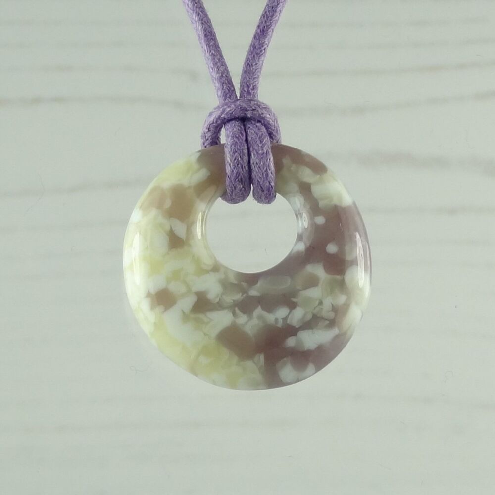 Handcrafted dusty lilac purple & french vanilla fused glass off-set round pendant on a waxed cotton cord with lobster clasp (#63)