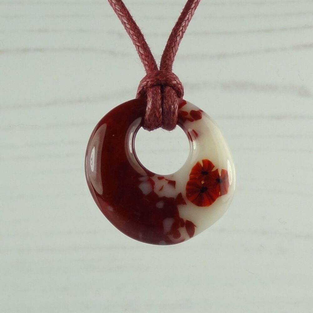 Handcrafted red cream murrini fused glass necklace