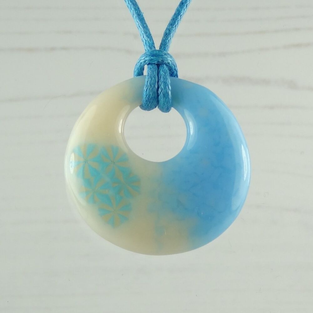 Handcrafted glacier blue cream murrini fused glass necklace