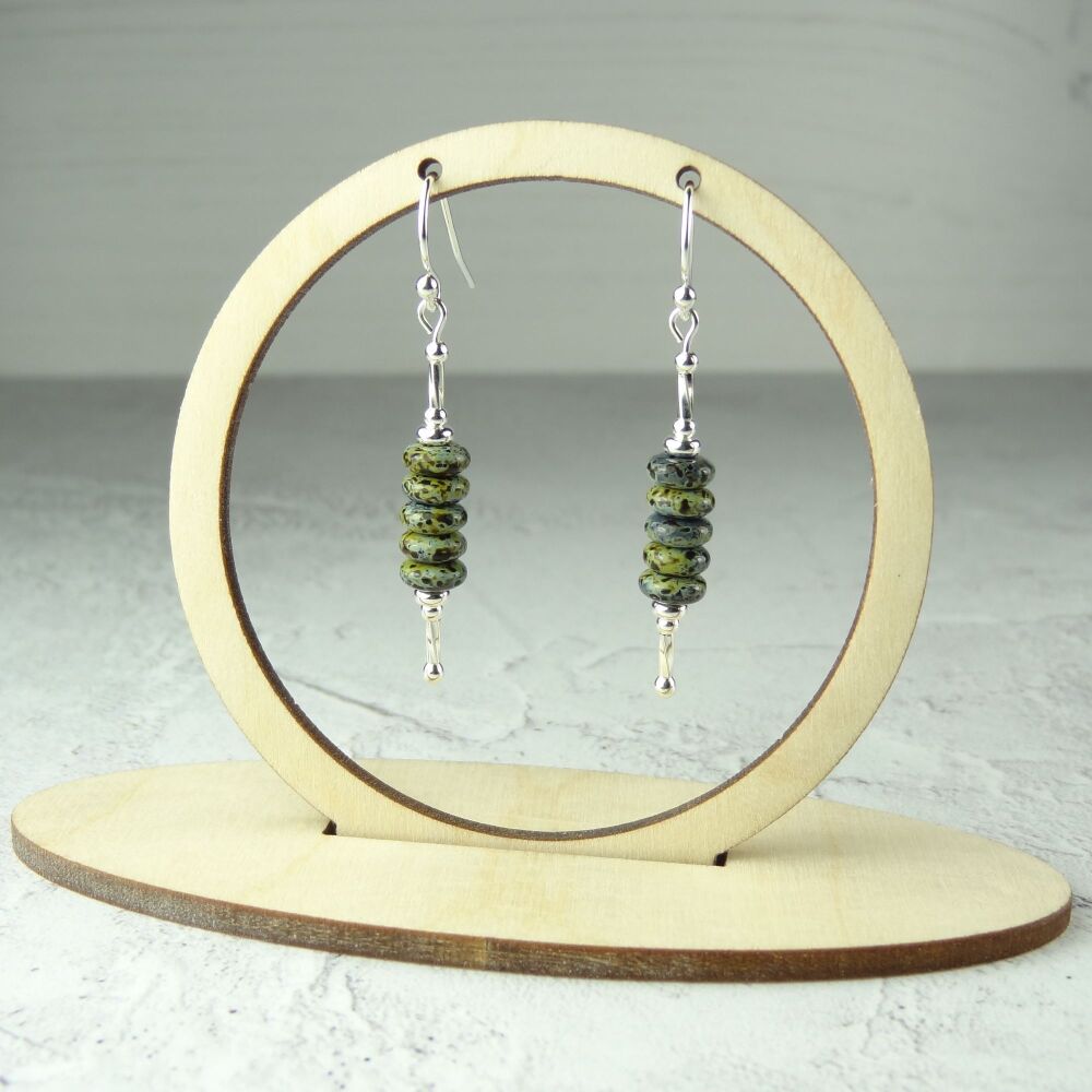 Sterling silver green & black speckled Czech glass drop/dangle earrings, with twists, in a gift box