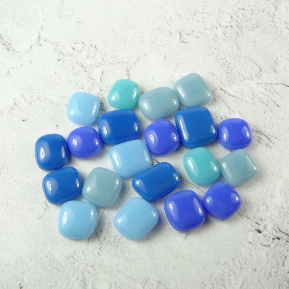 20 handcrafted fused glass blue cabochons, perfect for arts, crafts, mosaics & jewellery making (#155)