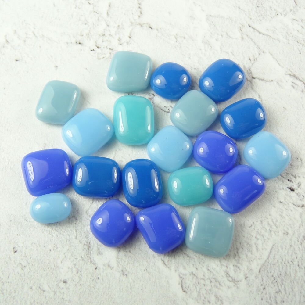 20 handcrafted fused glass blue cabochons, perfect for arts, crafts, mosaics & jewellery making (#156)