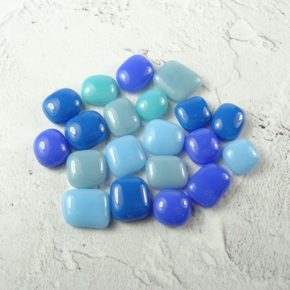 20 handcrafted fused glass blue cabochons, perfect for arts, crafts, mosaics & jewellery making (#157)