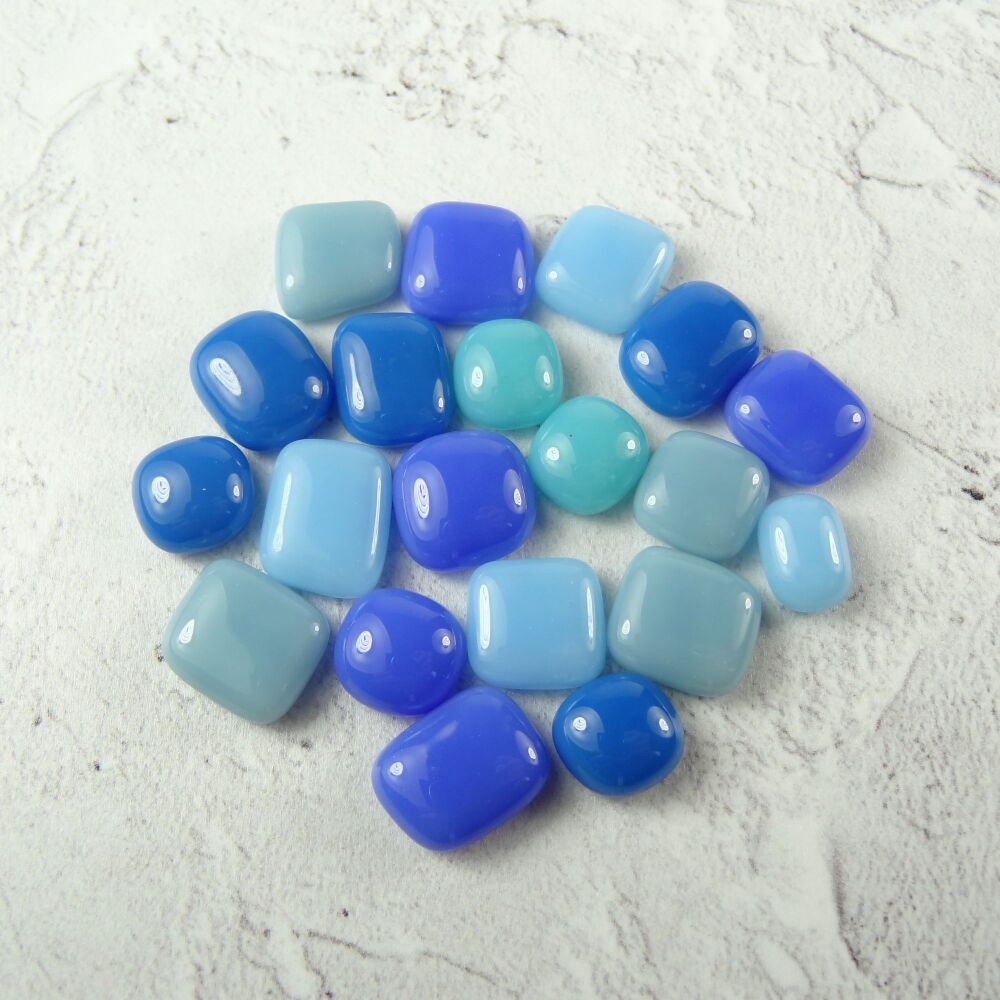 20 handcrafted fused glass blue cabochons, perfect for arts, crafts, mosaics & jewellery making (#158)