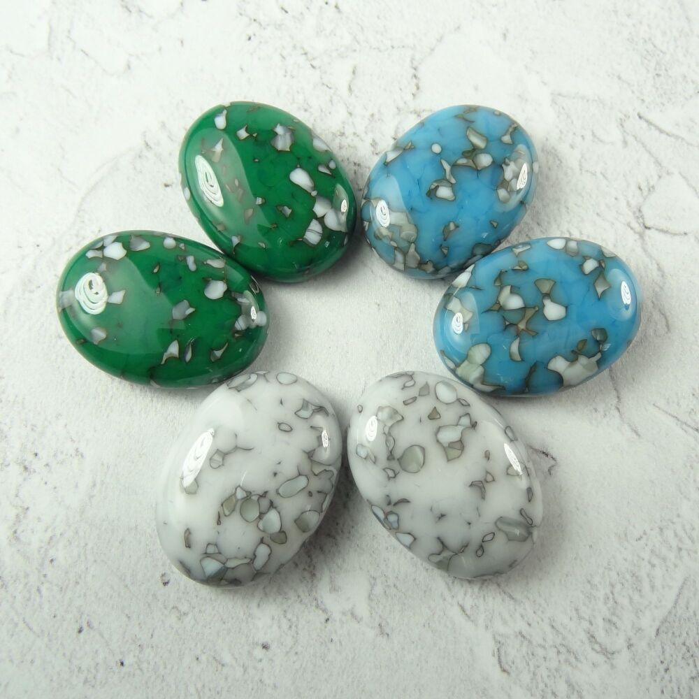 6 handcrafted fused glass 2.4 x 1.7cm oval cabochons, perfect for jewellery making or crafting - green blue white grey (#163)