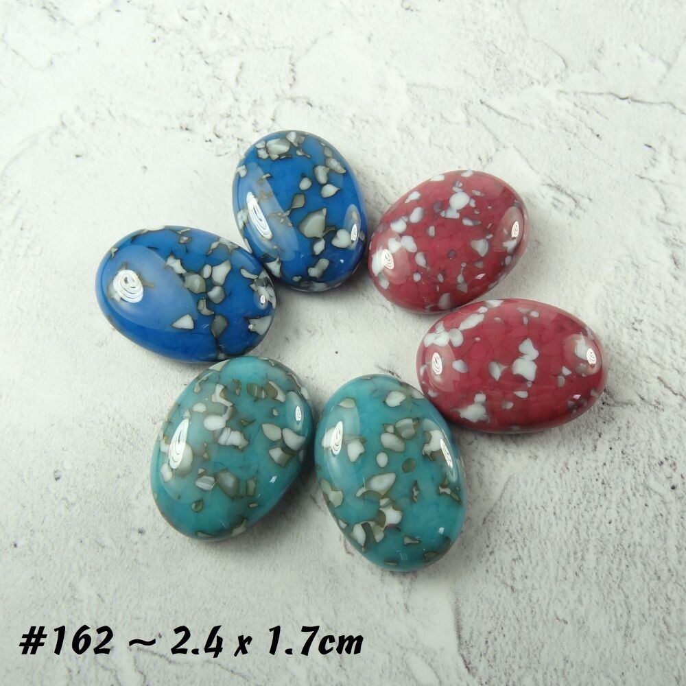 6 handcrafted fused glass 2.4 x 1.7cm oval cabochons, perfect for jewellery making or crafting - blue turquoise pink (#162)