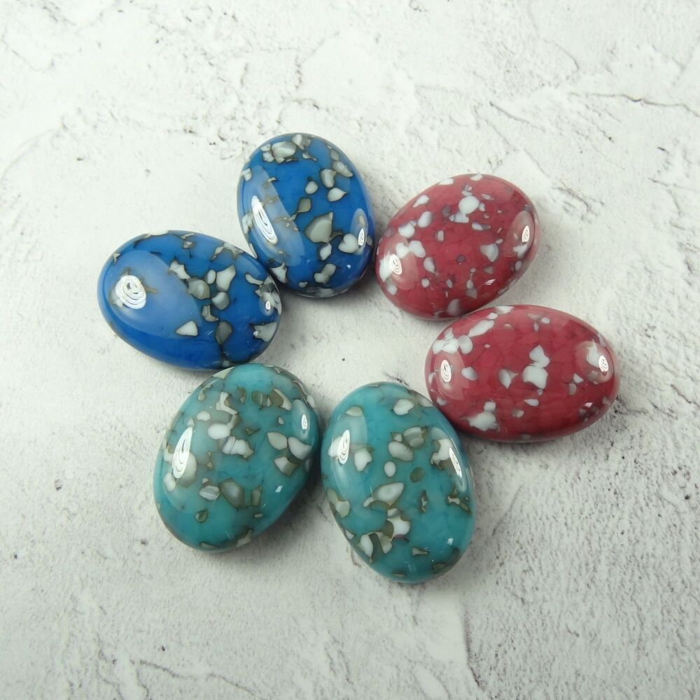 6 handcrafted fused glass 2.4 x 1.7cm oval cabochons, perfect for jewellery making or crafting - blue turquoise pink (#162)