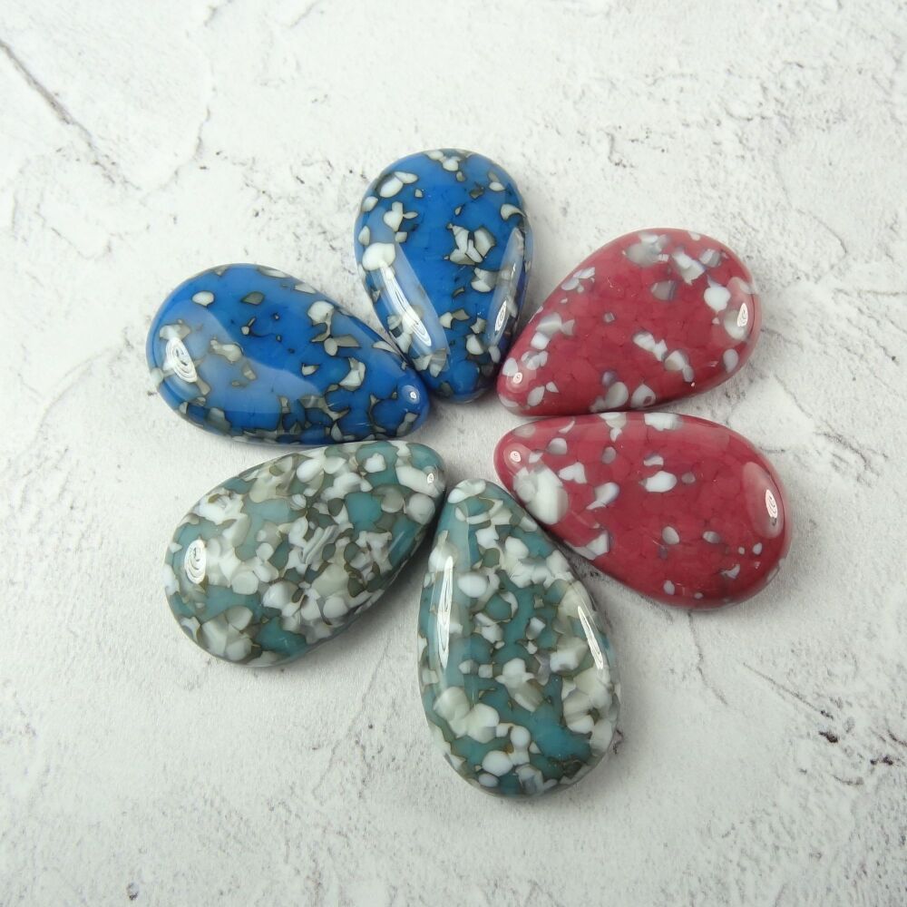 6 handcrafted fused glass 2.8 x 1.8cm teardrop cabochons, perfect for jewellery making or crafting - blue turquoise pink (#164)