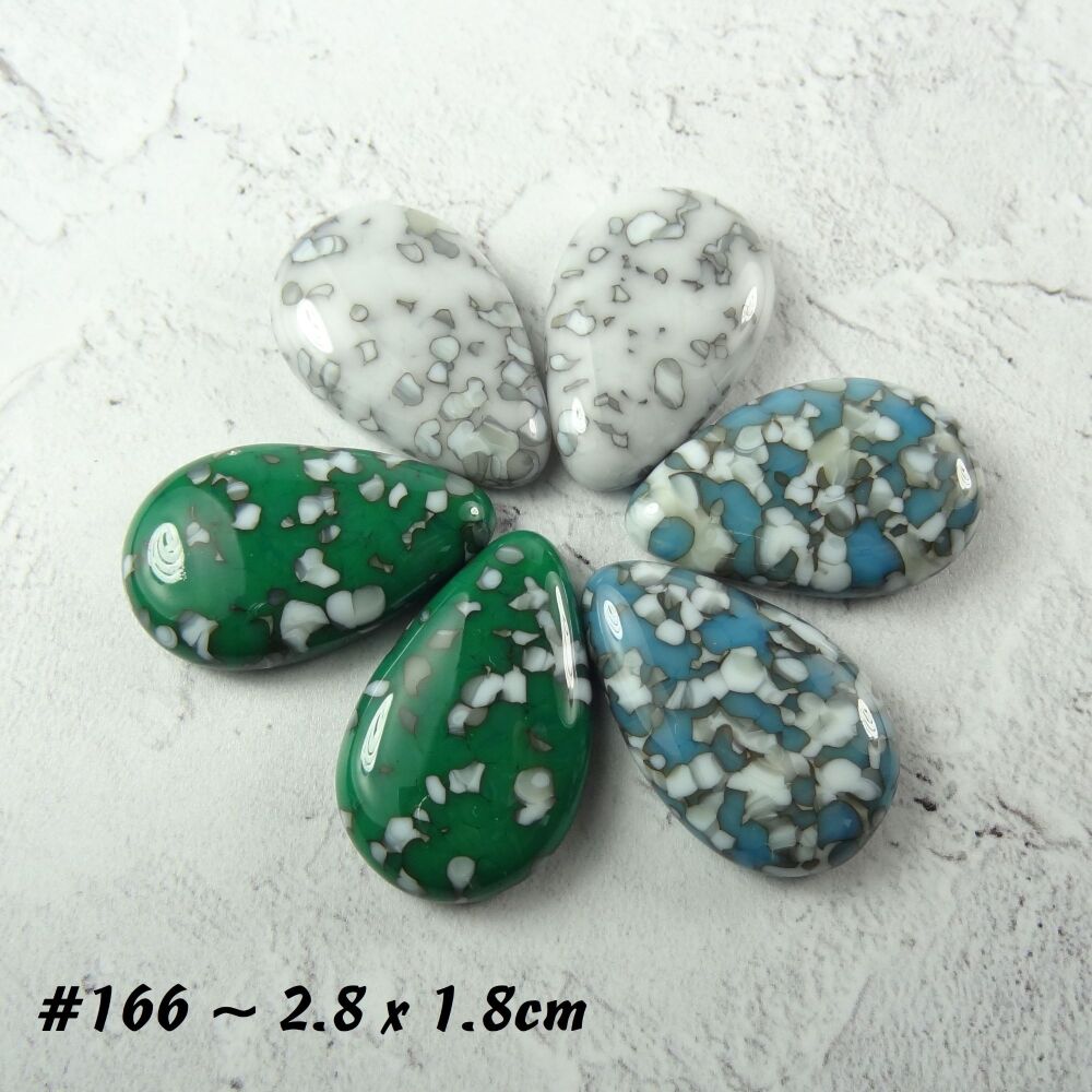 6 handcrafted fused glass 2.8 x 1.8cm teardrop cabochons, perfect for jewellery making or crafting - green blue white grey (#166)