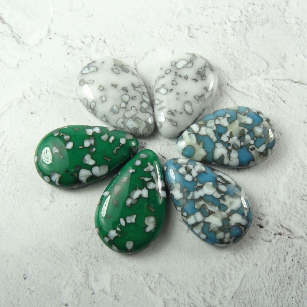 6 handcrafted fused glass 2.8 x 1.8cm teardrop cabochons, perfect for jewellery making or crafting - green blue white grey (#166)