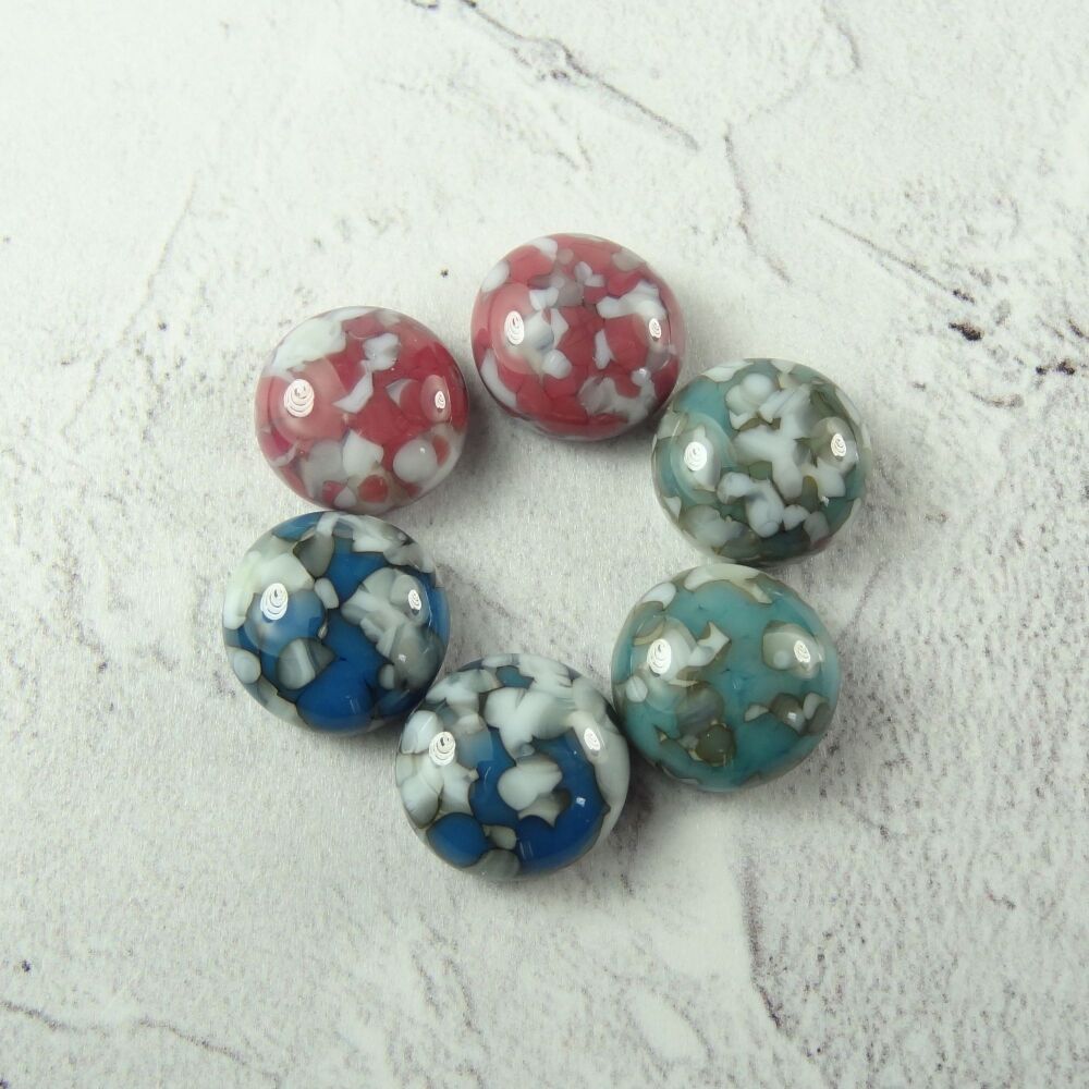 6 handcrafted fused glass 1cm round/spot/dot cabochons, perfect for jewellery making or crafting - blue turquoise pink (#160)