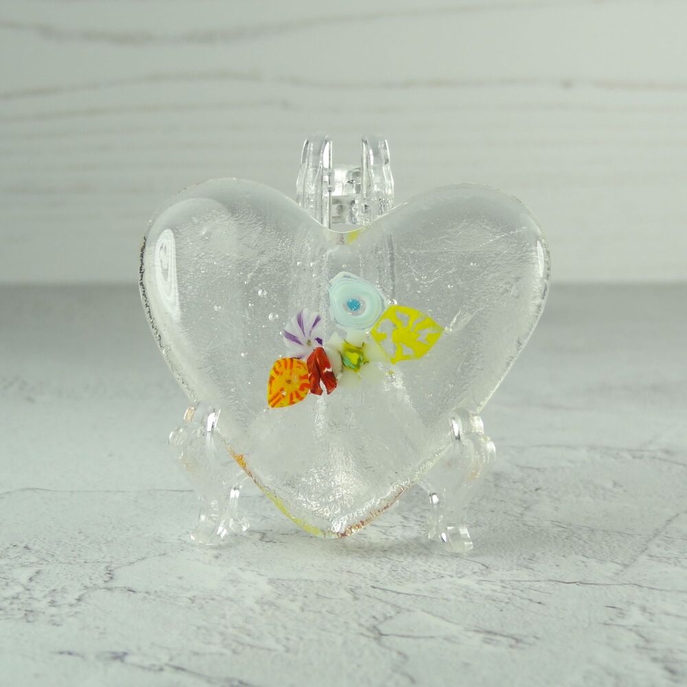 Handcrafted clear with Murrini slices fused glass heart with a stand - 5 cm (+/-) heart (#145)