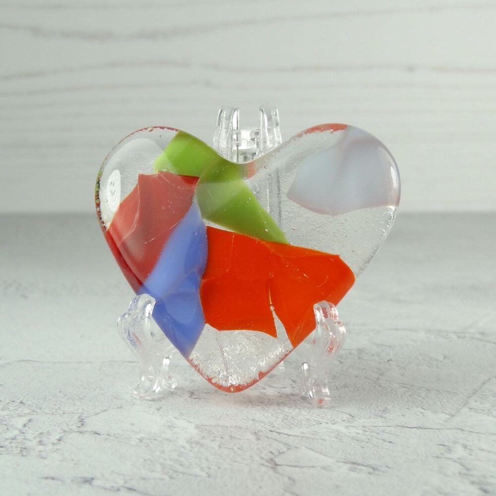 Handcrafted multi-coloured fused glass heart with a stand 5 cm (+/-) heart