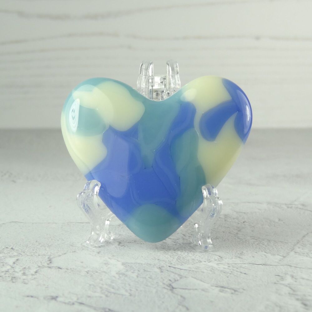 Handcrafted blue & cream fused glass heart with a stand - 5 cm (+/-) heart (#146)