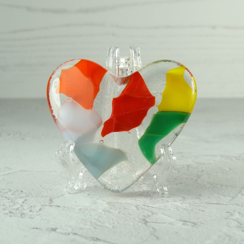 Handcrafted multi-coloured fused glass heart with a stand 5 cm (+/-) heart