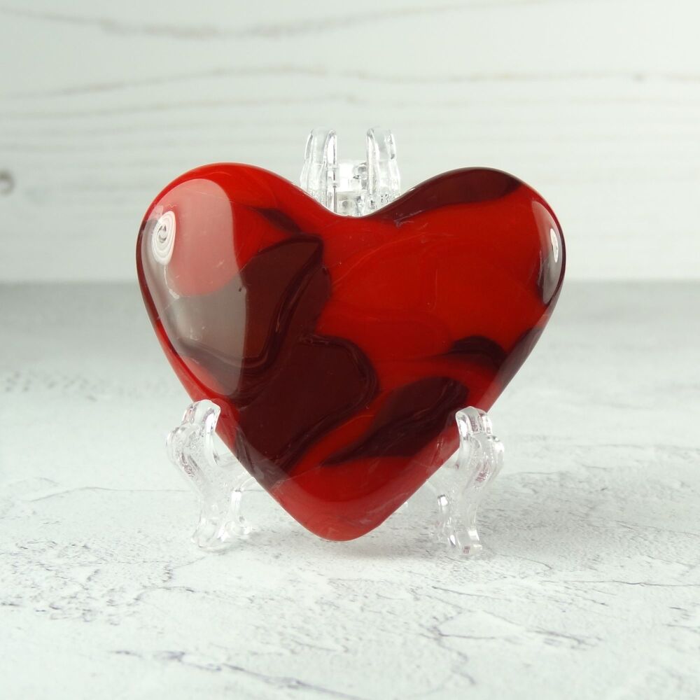 Handcrafted red fused glass heart with a stand - 5 cm (+/-) heart (#154)