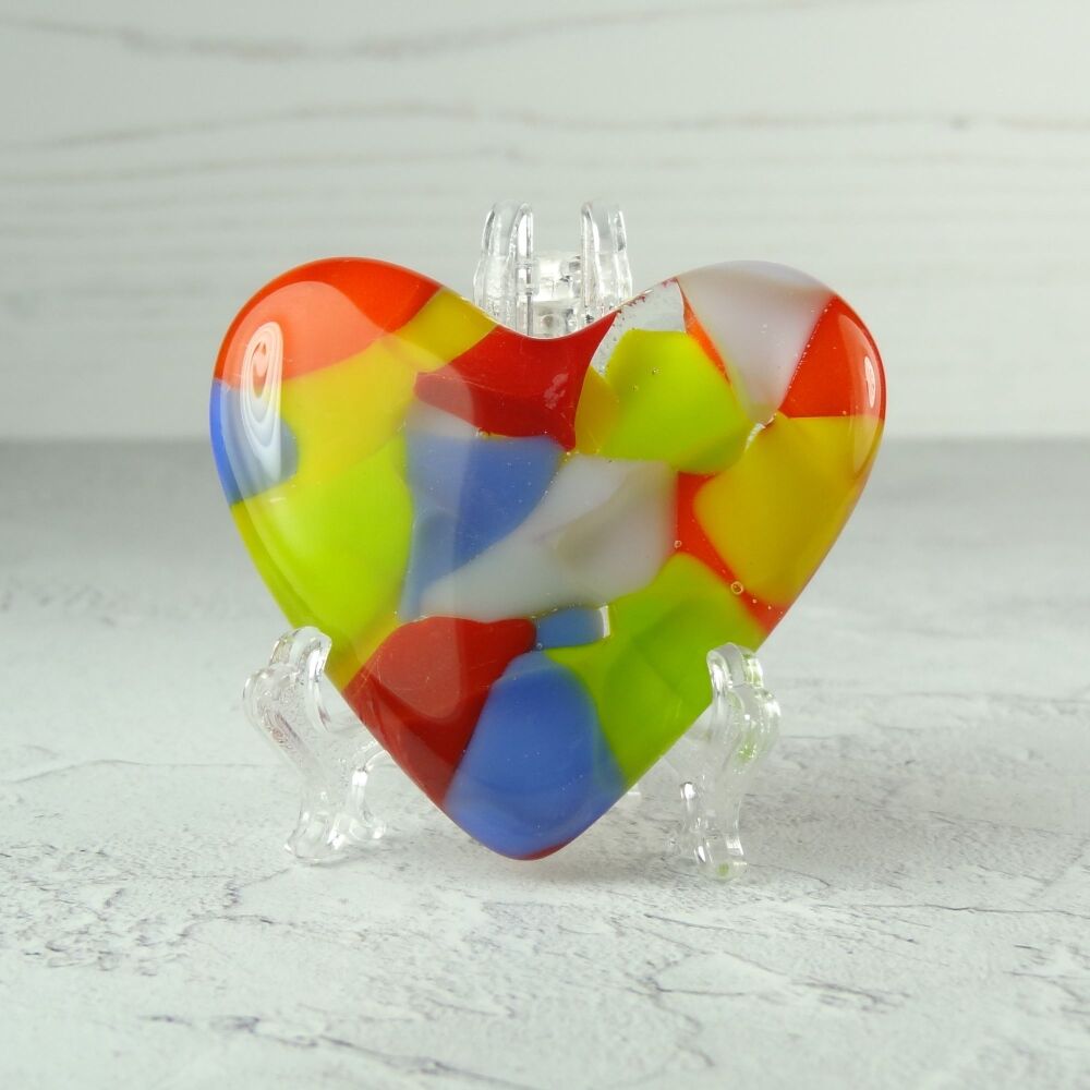 Handcrafted multi-coloured fused glass heart with a stand 5 cm (+/-) heart