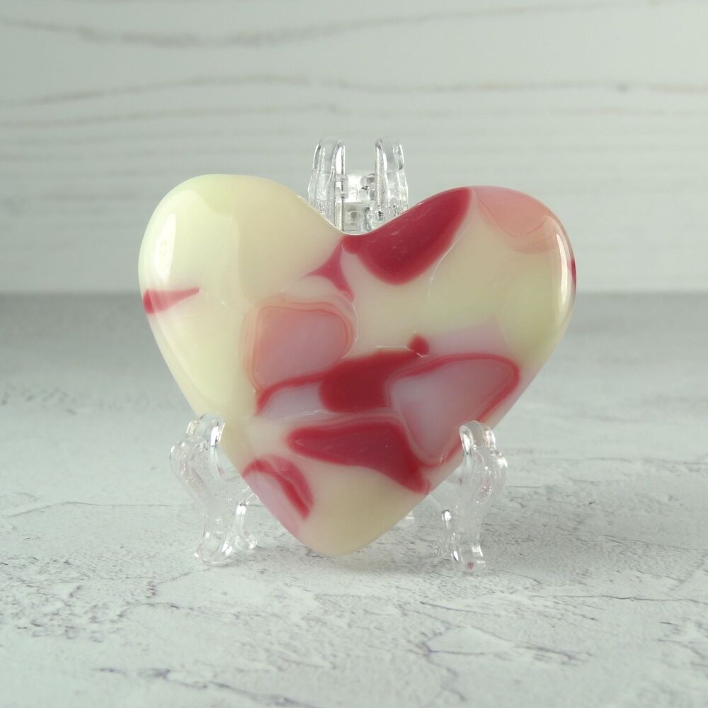 Handcrafted pink & cream fused glass heart with a stand - 5 cm (+/-) heart (#143)