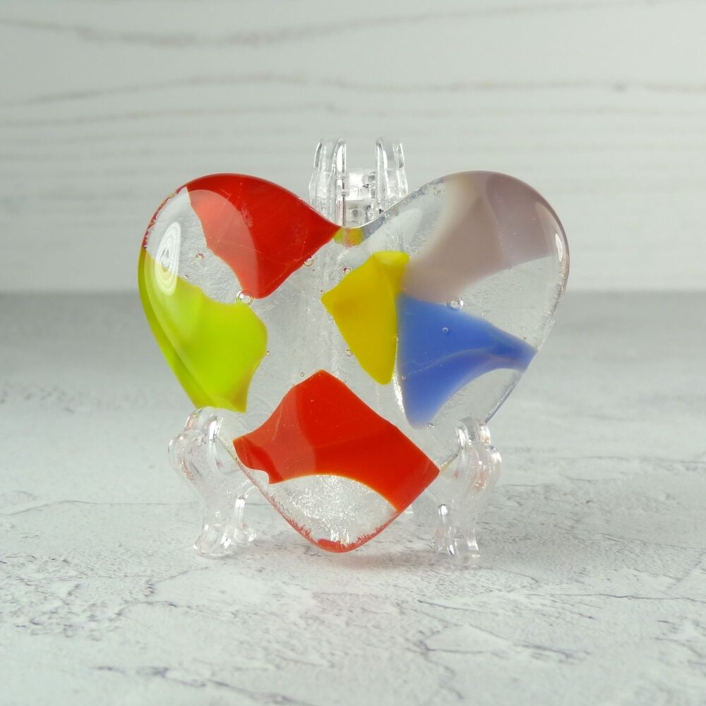 Handcrafted multi-coloured fused glass heart with a stand 5 cm (+/-) heart