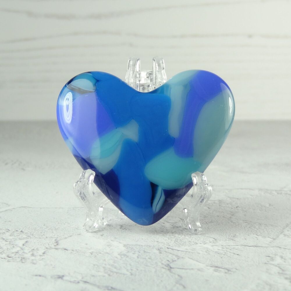 Handcrafted blue fused glass heart with a stand - 5 cm (+/-) heart (#144)