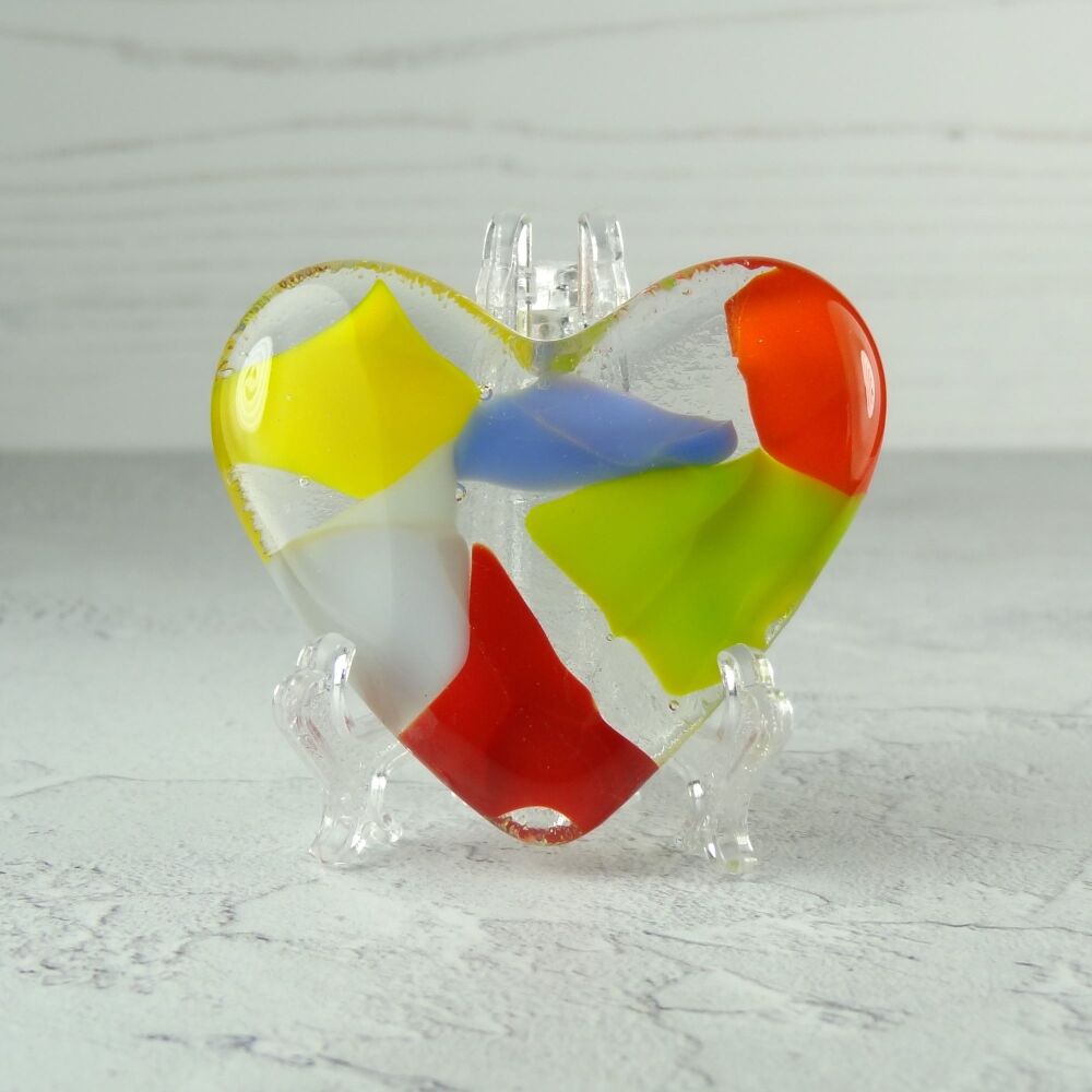 Handcrafted multi-coloured fused glass heart with a stand - 5 cm (+/-) heart orange blue yellow green red purple (#147) Pride rainbow