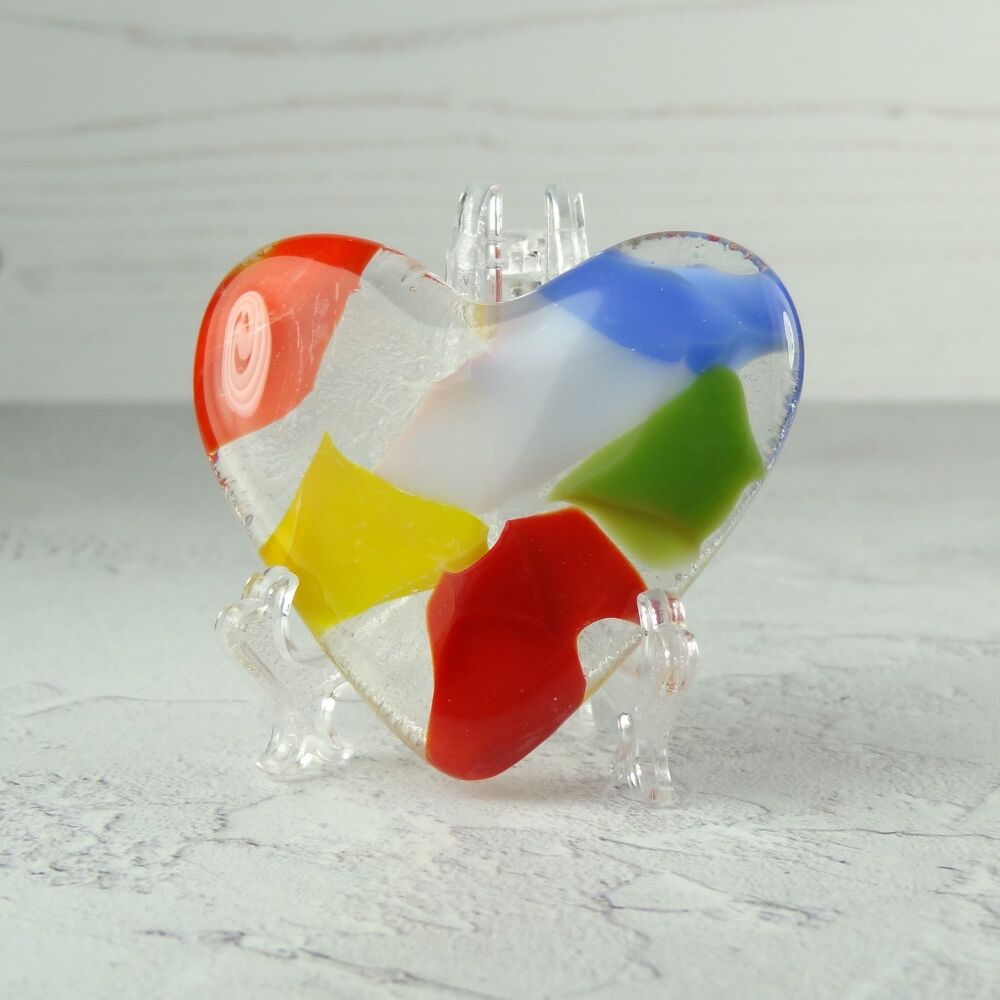 Handcrafted multi-coloured fused glass heart with a stand - 5 cm (+/-) heart orange blue yellow green red purple (#152) Pride rainbow