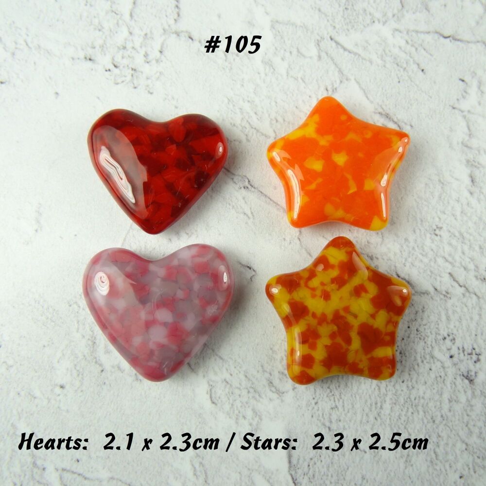 4 handcrafted fused glass hearts & stars cabochons, perfect for crafting & mosaic work - pink red orange yellow (#105)