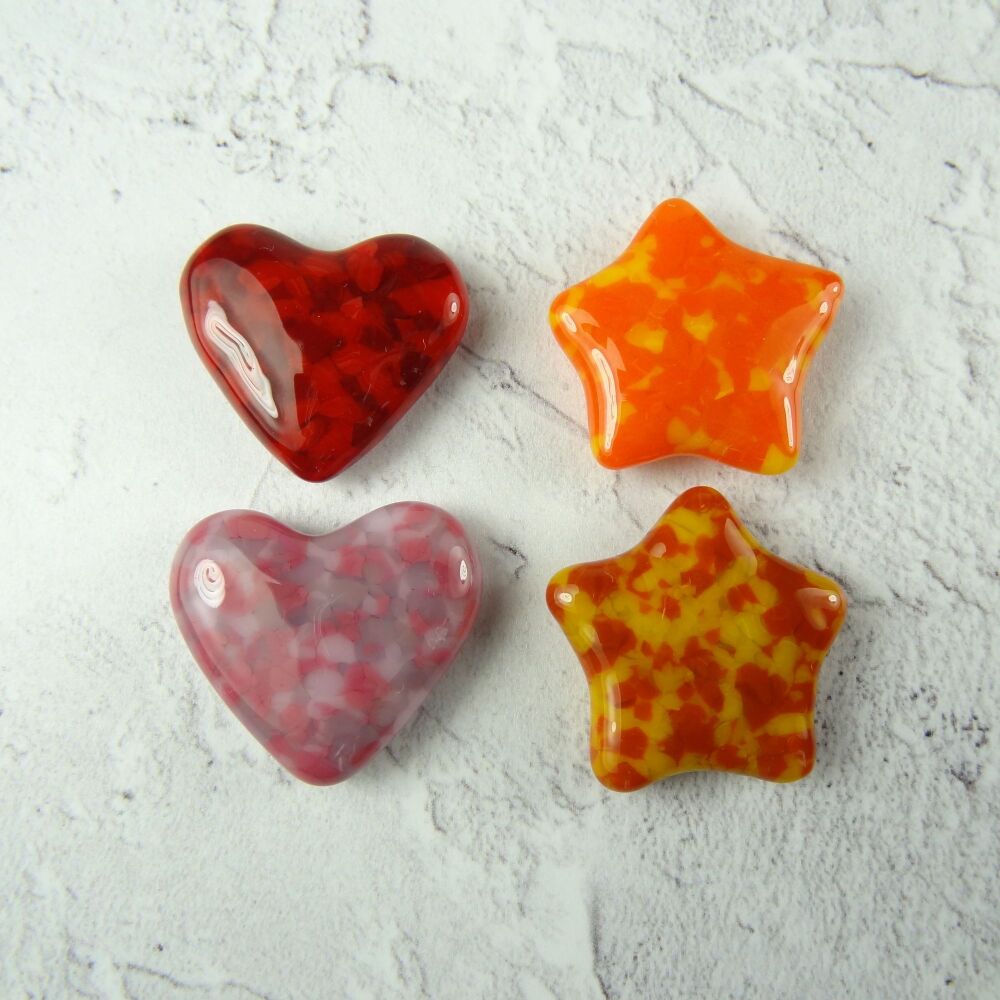 4 handcrafted fused glass hearts & stars cabochons, perfect for crafting & mosaic work - pink red orange yellow (#105)