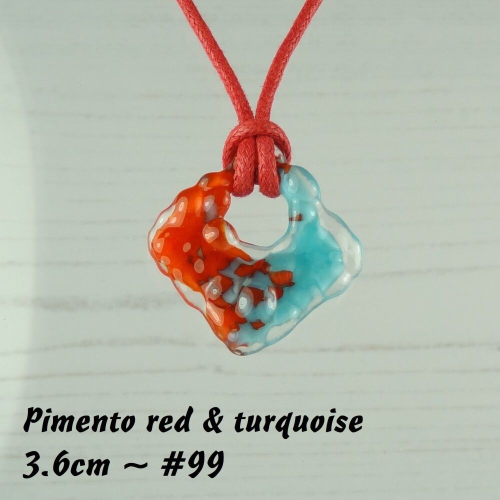 Handcrafted pimento red & turquoise blue fused glass rhombus/diamond shaped pendant on a waxed cotton cord with lobster clasp (#99)