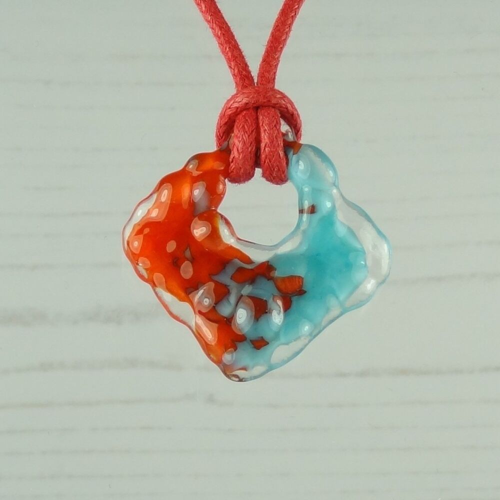 Handcrafted pimento red & turquoise blue fused glass rhombus/diamond shaped pendant on a waxed cotton cord with lobster clasp (#99)