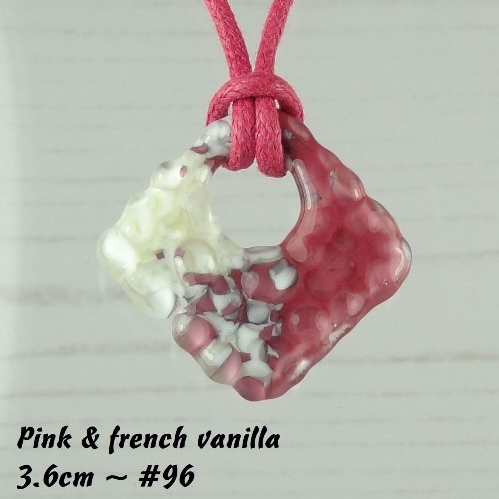 Handcrafted pink & french vanilla fused glass rhombus/diamond shaped pendant on a waxed cotton cord with lobster clasp (#96)