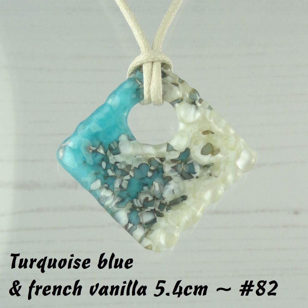 Handcrafted turquoise blue & french vanilla fused glass rhombus/diamond shaped pendant on a waxed cotton cord with lobster clasp (#82)