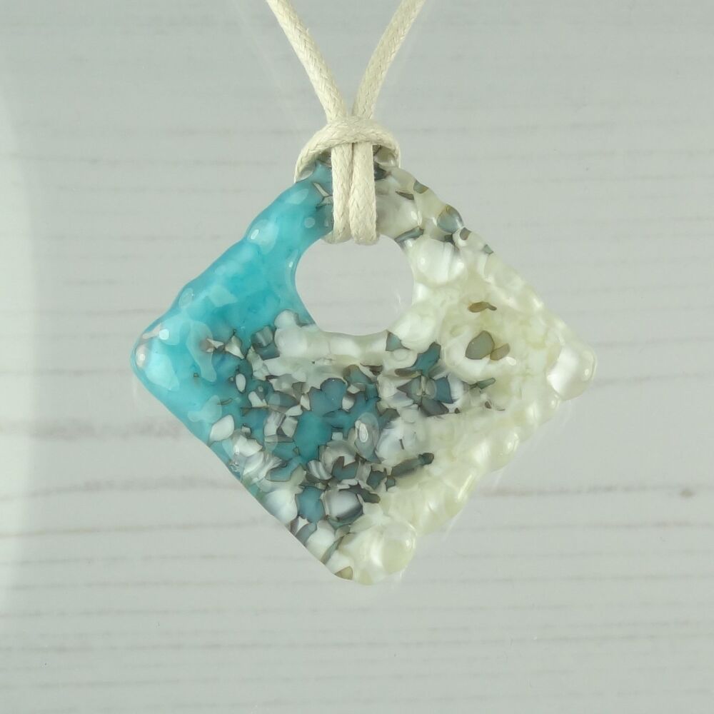 Handcrafted turquoise blue & french vanilla fused glass rhombus/diamond shaped pendant on a waxed cotton cord with lobster clasp (#82)