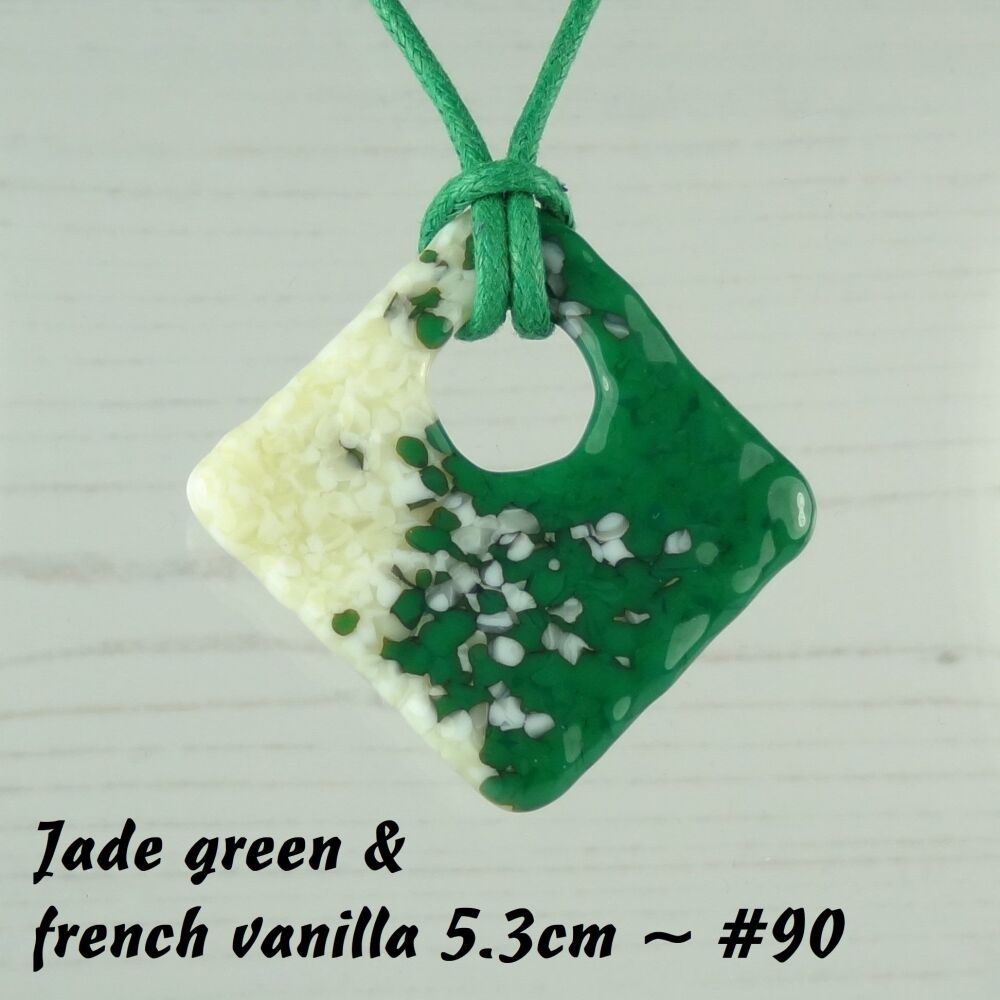 Handcrafted jade green & french vanilla fused glass rhombus/diamond shaped pendant on a waxed cotton cord with lobster clasp (#90)