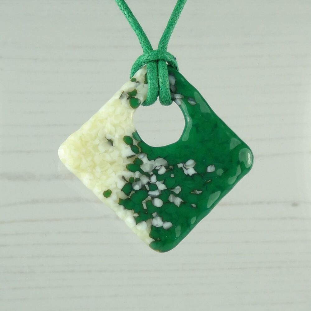 Handcrafted jade green & french vanilla fused glass rhombus/diamond shaped pendant on a waxed cotton cord with lobster clasp (#90)