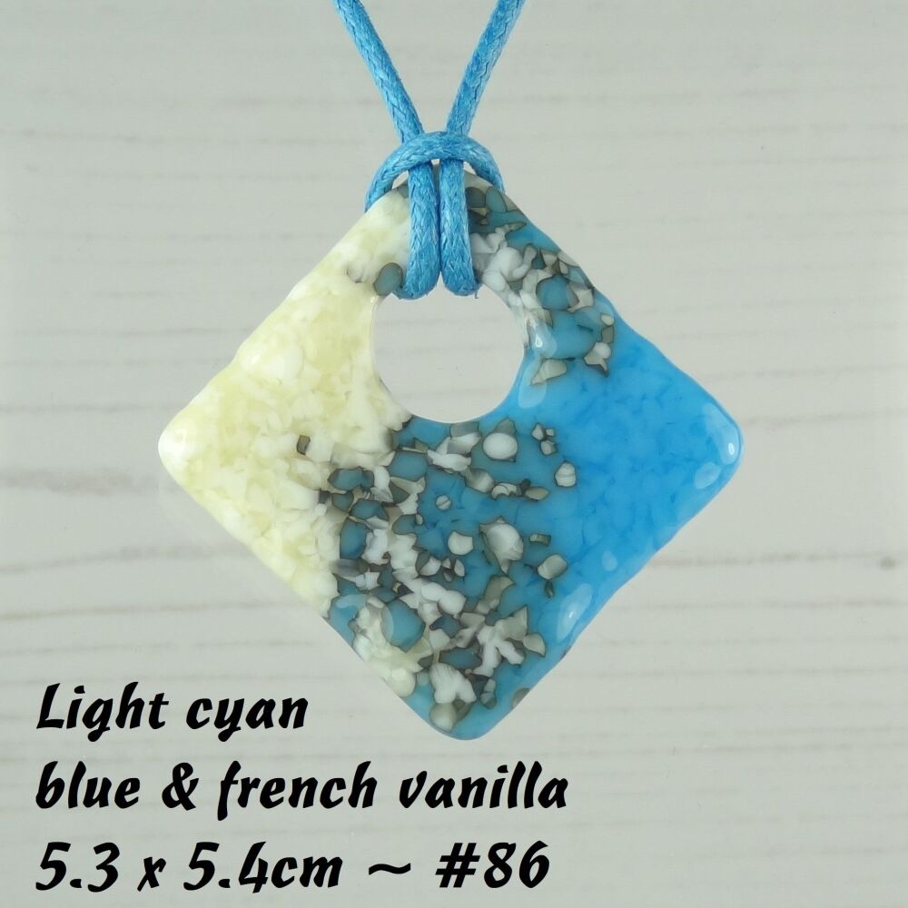 Handcrafted light cyan blue & french vanilla fused glass rhombus/diamond shaped pendant on a waxed cotton cord with lobster clasp (#86)