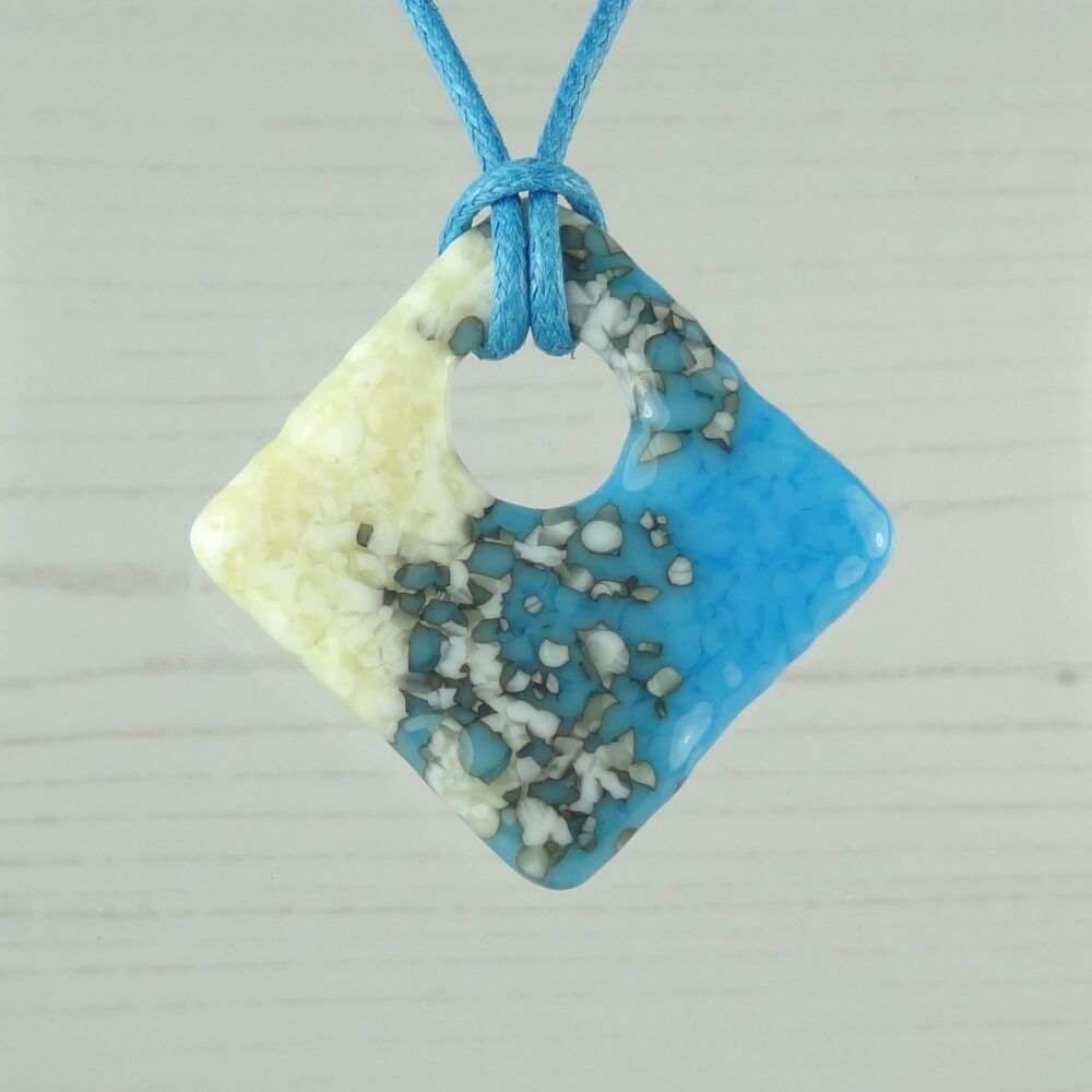 Handcrafted light cyan blue & french vanilla fused glass rhombus/diamond shaped pendant on a waxed cotton cord with lobster clasp (#86)