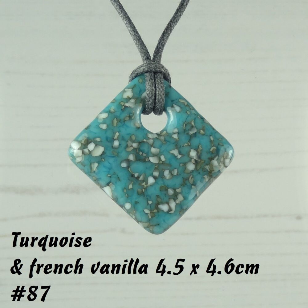 Handcrafted turquoise & french vanilla fused glass rhombus/diamond shaped pendant on a waxed cotton cord with lobster clasp (#87)