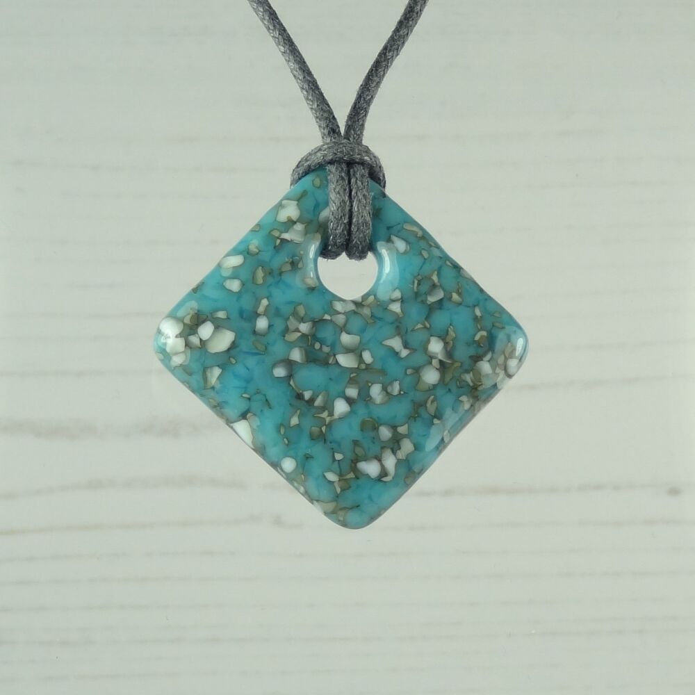 Handcrafted turquoise & french vanilla fused glass rhombus/diamond shaped pendant on a waxed cotton cord with lobster clasp (#87)