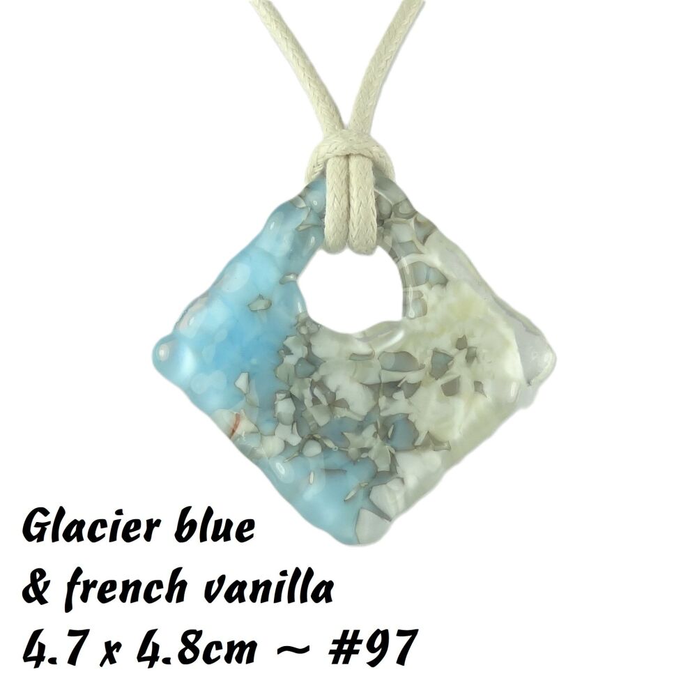 Handcrafted glacier blue & french vanilla fused glass rhombus/diamond shaped pendant on a waxed cotton cord with lobster clasp (#97)