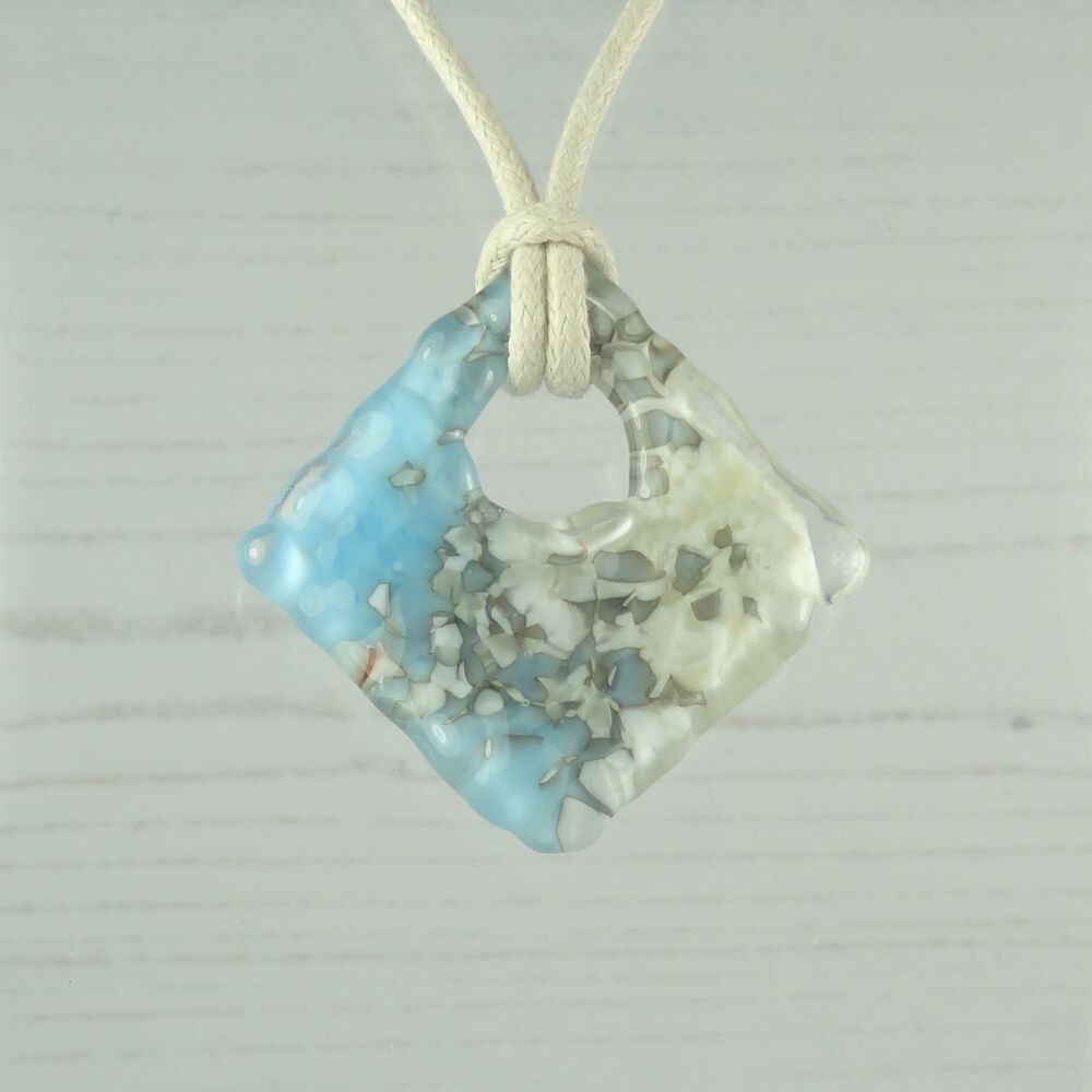 Handcrafted glacier blue & french vanilla fused glass rhombus/diamond shaped pendant on a waxed cotton cord with lobster clasp (#97)