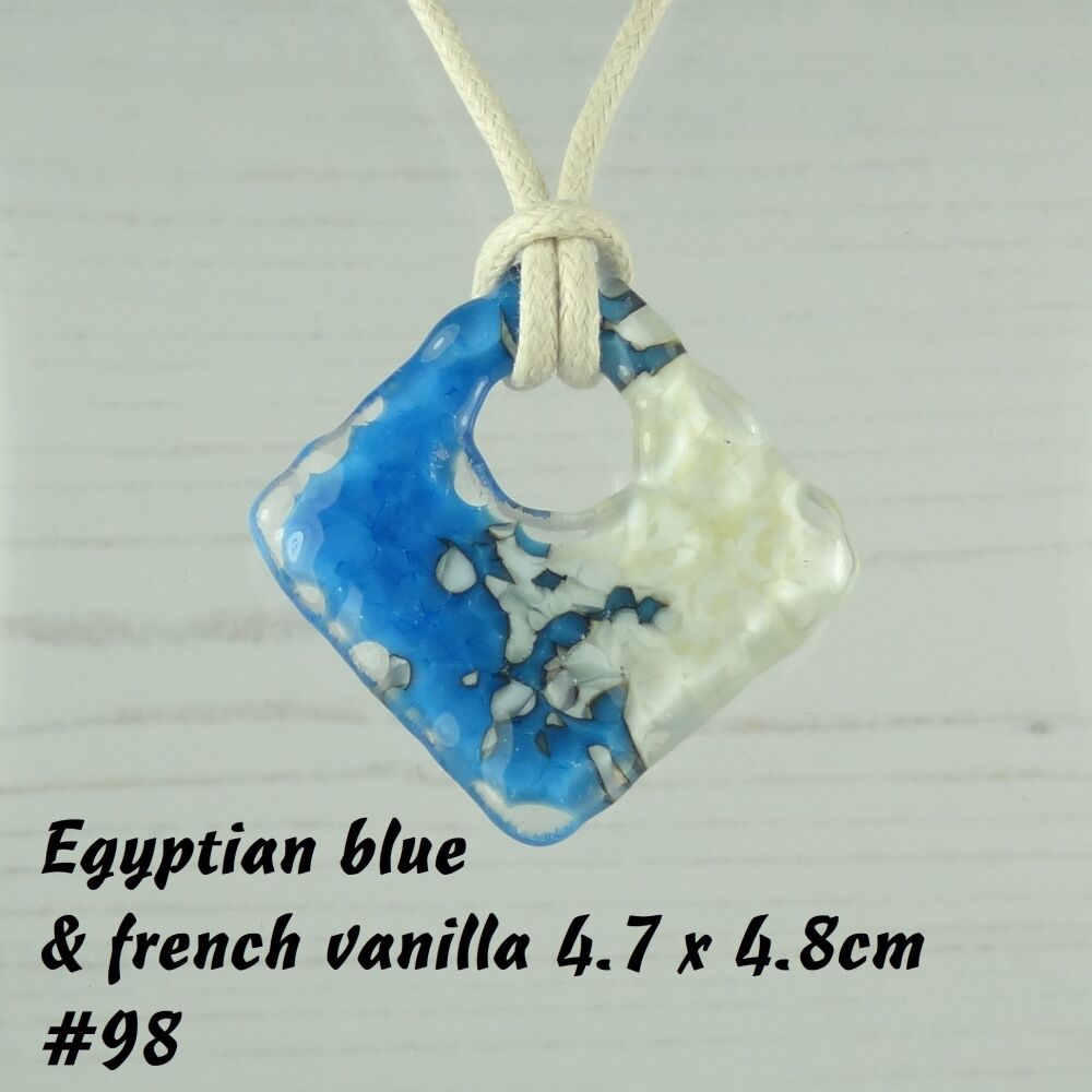 Handcrafted egyptian blue & french vanilla fused glass rhombus/diamond shaped pendant on a waxed cotton cord with lobster clasp (#98)