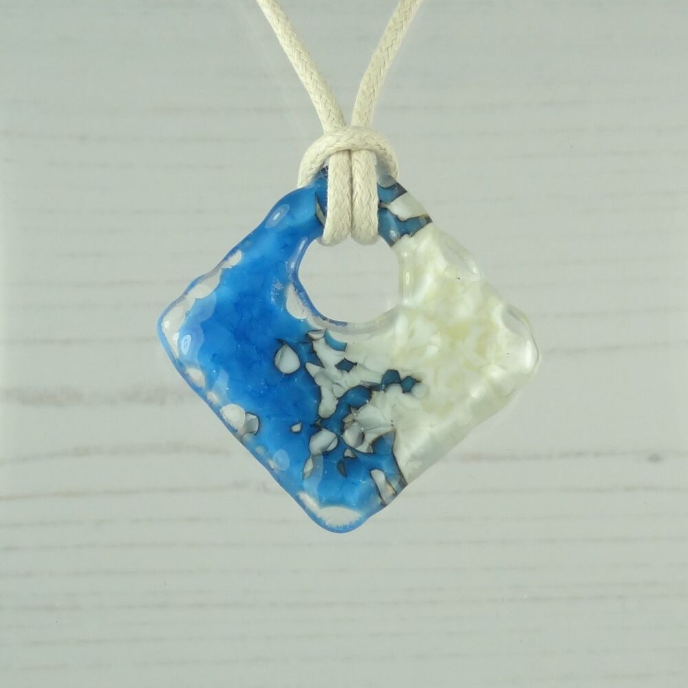 Handcrafted egyptian blue & vanilla fused glass rhombus pendant/cord