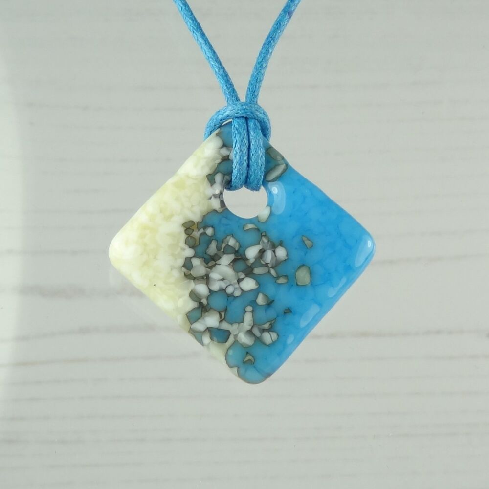 Handcrafted light cyan blue & french vanilla fused glass rhombus/diamond shaped pendant on a waxed cotton cord with lobster clasp (#88)