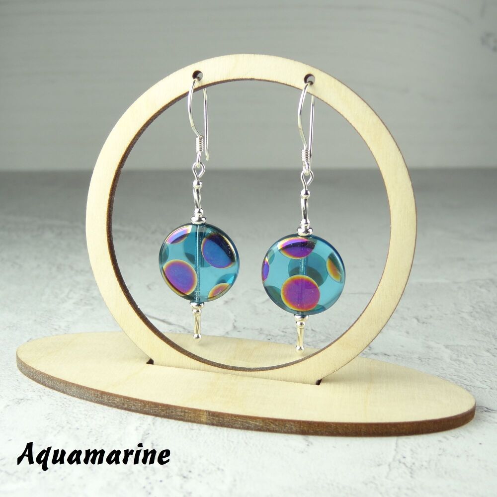 Sterling silver blue pink Czech glass disc/coin earrings