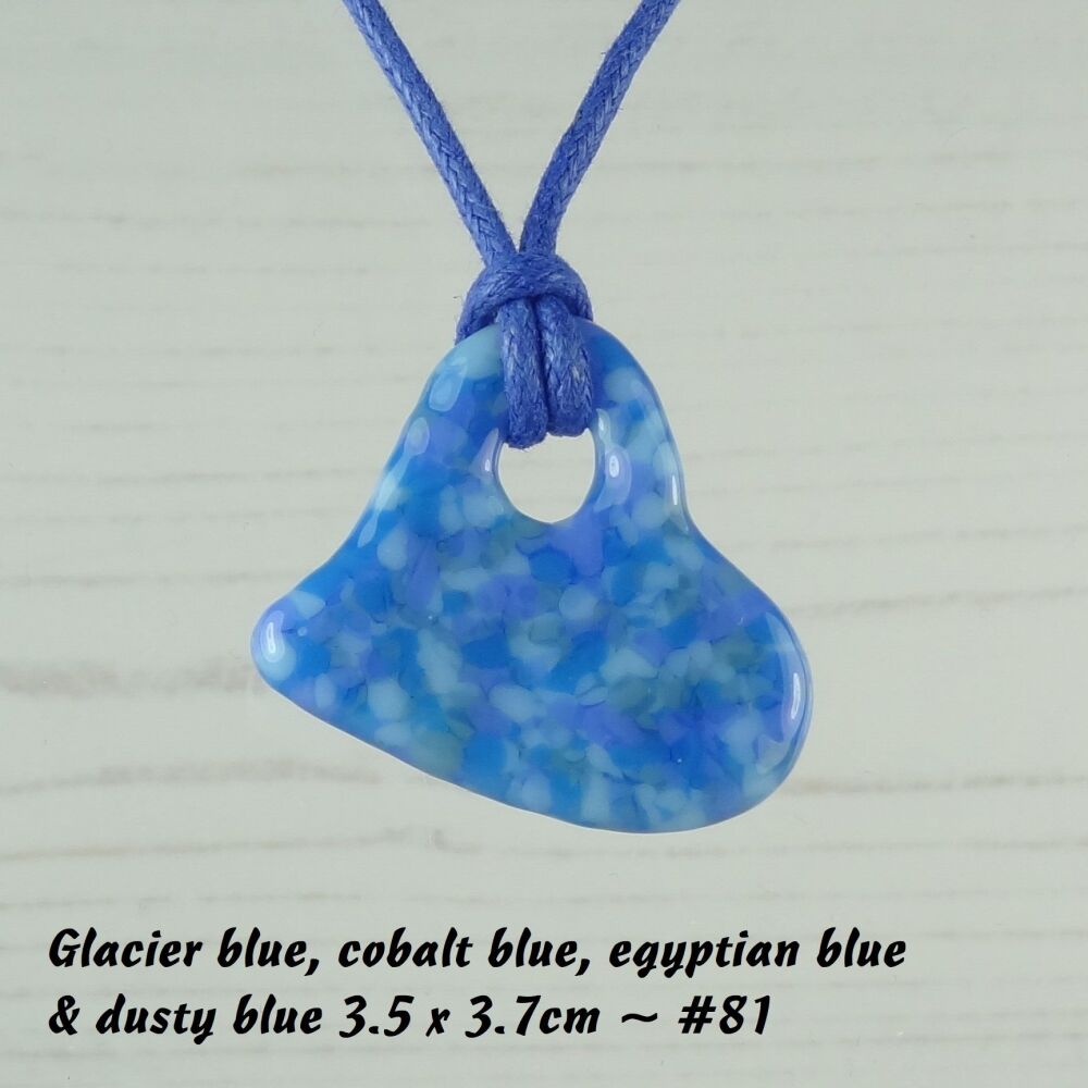 Handcrafted fused glass off-set heart shaped pendant on a waxed cotton cord with lobster clasp - blue (#81)