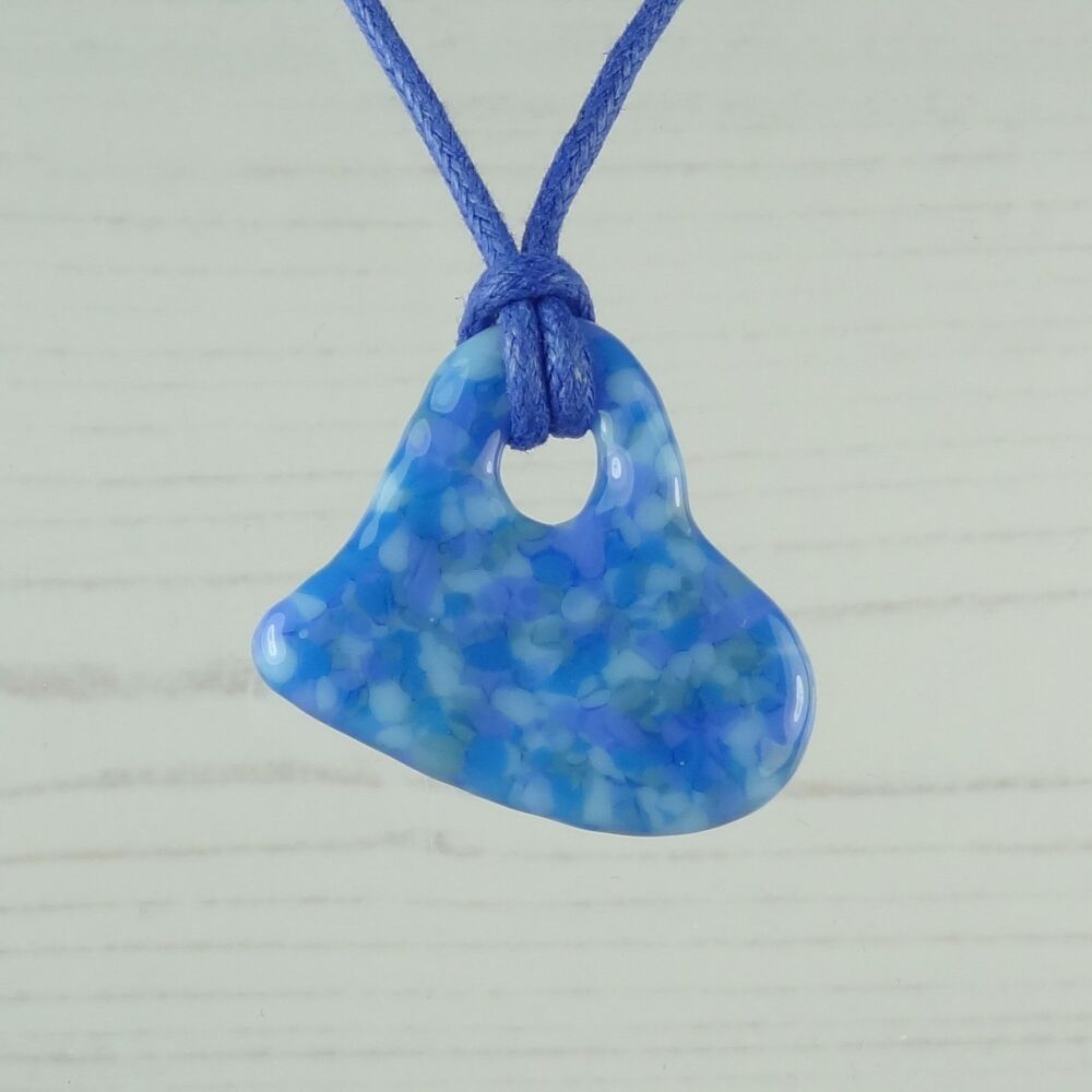 Handcrafted fused glass off-set heart shaped pendant on a waxed cotton cord with lobster clasp - blue (#81)